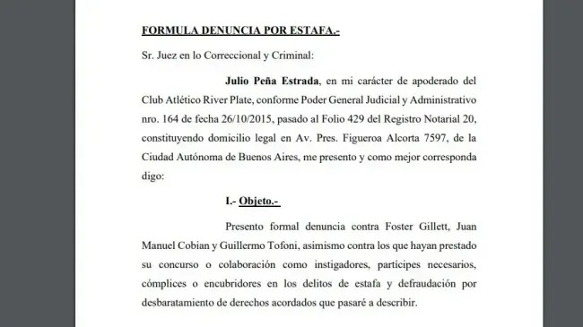 La denuncia de River a Foster Gillett.