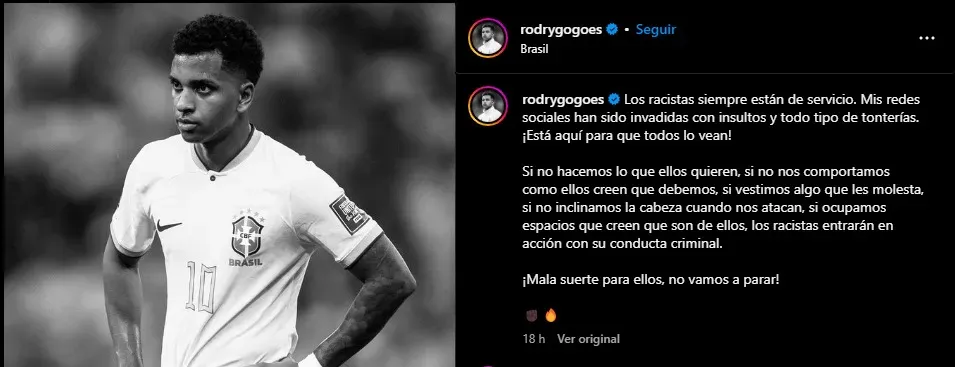 La publicación de Rodrygo en su cuenta de Instagram.
