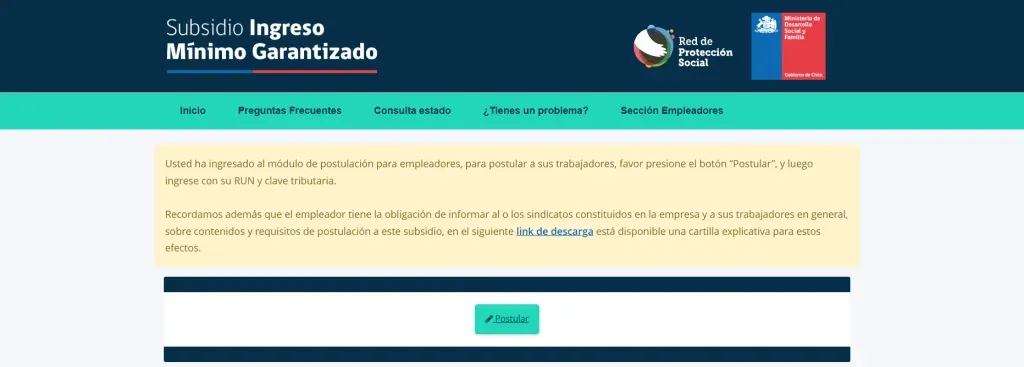 Postulación para empleadores del Ingresominimo.cl.