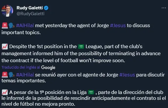 Al Hilal amenaza a Jorge Jesús (Twitter @RudyGaletti).