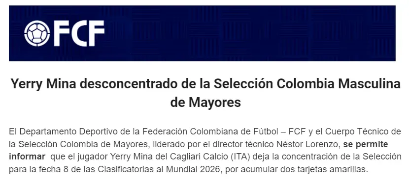 Comunicado de la Selección Colombia sobre la desafección de Yerry Mina.