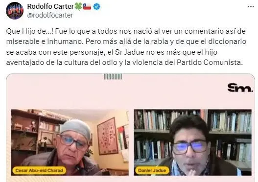 La furia de Rodolfo Carter por dichos de Jadue. Foto: X