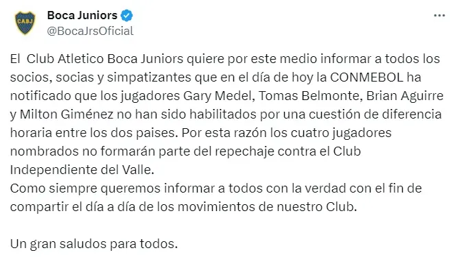 El escrito que salió desde el Club.