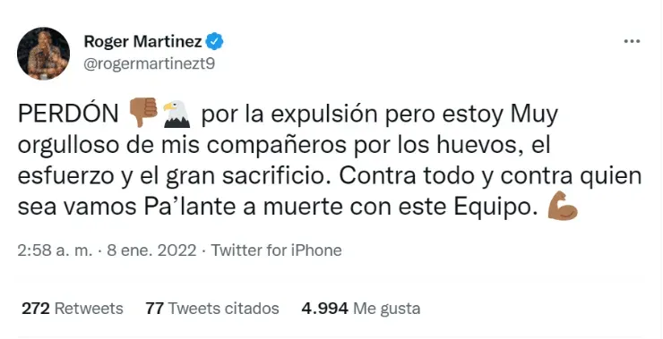 El pedido de disculpas de Roger Martínez (Twitter @rogermartinezt9)