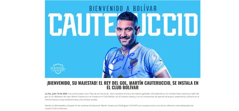 Así presentaron a Martín Cauteruccio en Bolivia. (web Club Bolívar)