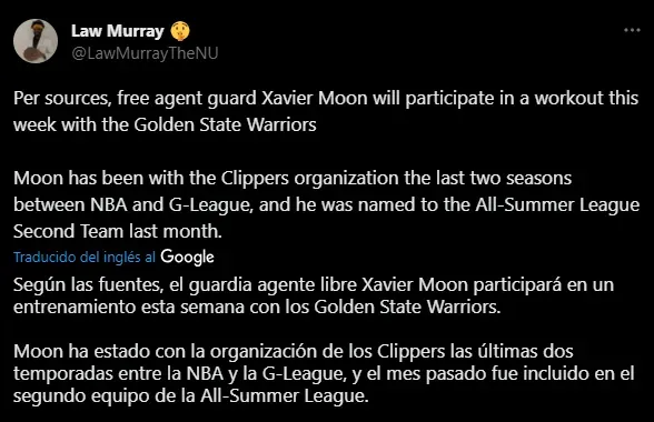 Xavier Moon se probara con Warriors (Foto: Twitter / @LawMurrayTheNU)