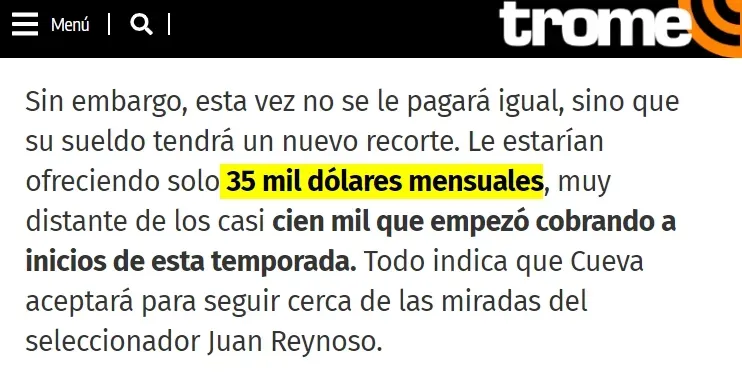 Diaro Trome explica que Alianza Lima le ofrecerá nuevo sueldo a Christian Cueva. | Créditos: Diario Trome.