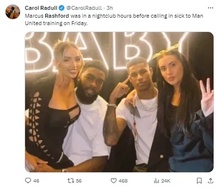 Photo reportedly showing Rashford out during the week of a game