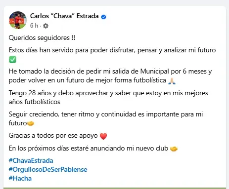 Carlos Estrada en su cuenta oficial de Facebook