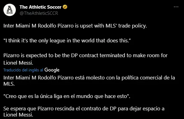 Pizarro molestó con la llegada de Messi a Inter Miami (Foto: Twitter / @TheAthleticSCCR)