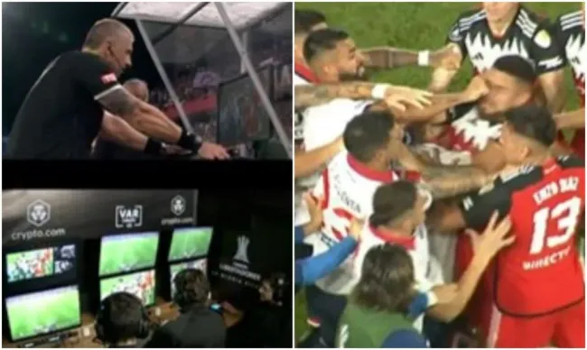 El árbitro brasileño Anderson Daronco, el VAR y la piña de Gastón Romero a Paulo Díaz en Nacional vs River (Foto: Captura TV).