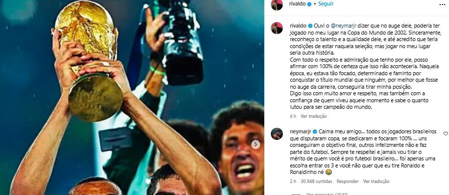 Resposta de Neymar. Foto: Instagram oficial Rivaldo