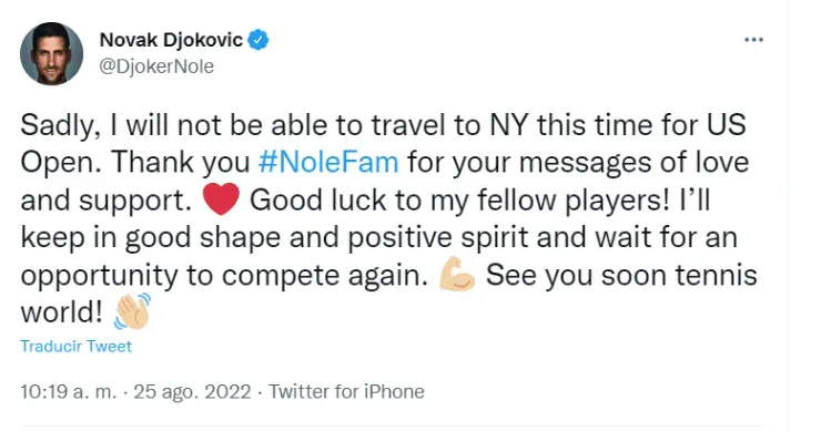 Novak Djokovic informó a través de sus redes sociales que no estará presente en el US Open.