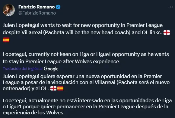 Lopetegui quiere seguir dirigiendo en Inglaterra (Twitter @FabrizioRomano).