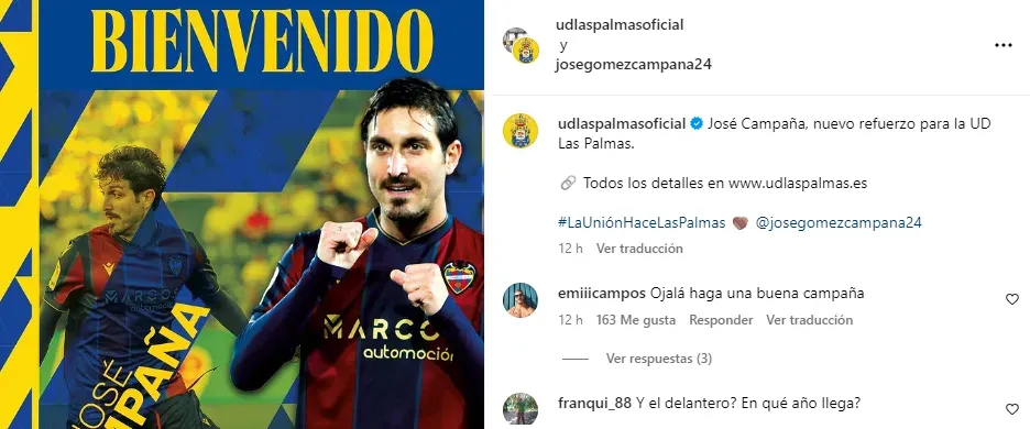 Publicación de la UD Las Palmas anunciando el fichaje