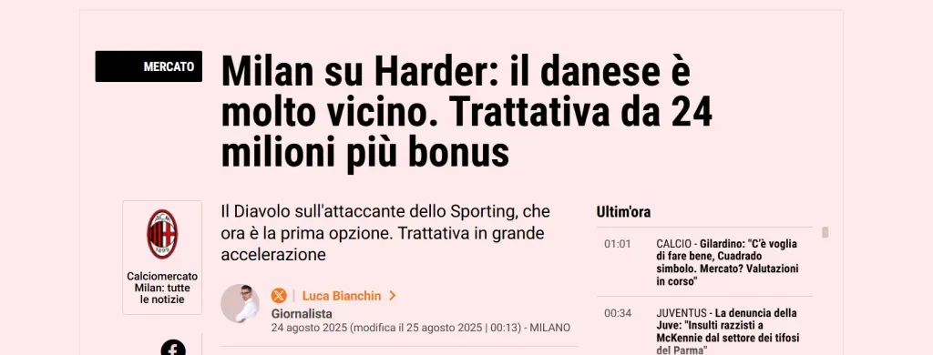 El Milan iría en busca de Conrad Harder. (La Gazzetta dello Sport)