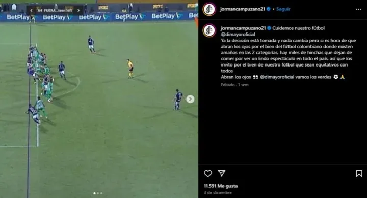 El fuerte posteo de Jorman Campuzano en sus redes sociales. (Instagram).