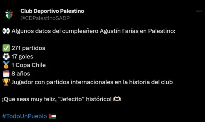 El mensaje de Palestino para Agustín Farías. (Captura Twitter).