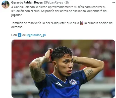Salcedo tiene 10 días para resolver su salida de Cruz Azul. (@FabanReyes)