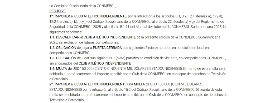 El fallo de Conmebol en respuesta a los incidentes en Avellaneda (Conmebol)