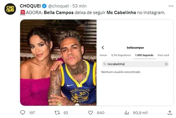 MC Cabelinho retribui gesto e deixa de seguir Bella Campos nas redes  sociais após fim do namoro, TV & Famosos