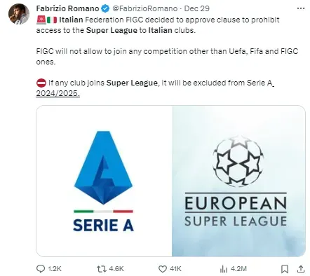 The ruling by the FIGC makes it unlikely Italian teams will be able to join the Super League