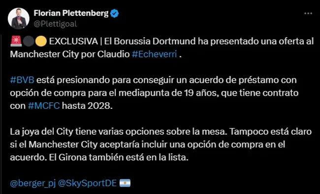 Florian Plettenberg asegura que el Dortmund ya hizo una oferta por Echeverri.
