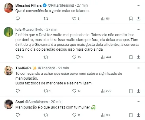 Internautas comentam falas de Pitel sobre Davi – Foto: Globo
