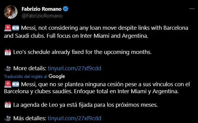 Romano sobre el futuro de Messi. (Foto: X / @FabrizioRomano)
