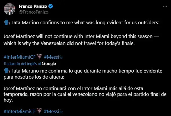 Josef Martínez se va de Inter Miami. (Foto: X / @FrancoPanizo)