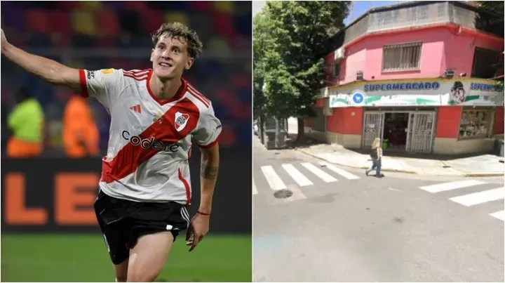 Facundo Colidio y el supermercado donde ayudó a tres chicos que mendigaban comida (Foto: River Plate/Google Maps).