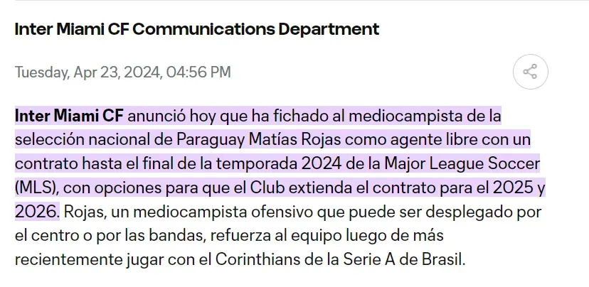 El acuerdo de Rojas con Inter Miami.