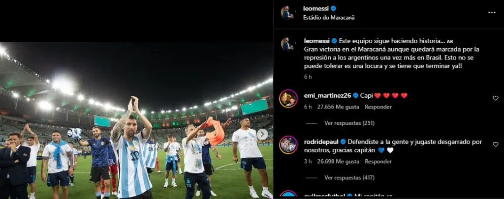 El posteo de Messi en Instagram y el comentario de De Paul