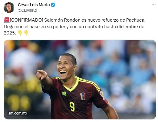César Luis Merlo confirmó la salida de Rondón al fútbol mexicano.
