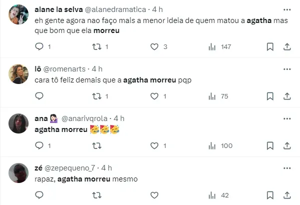 Internautas comentam morte de Agatha em Terra e Paixão – Fonte: Twitter