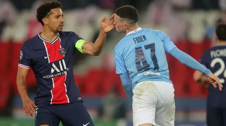 Marquinhos e Foden se desentendem na partida de ida (Foto: Getty Images)