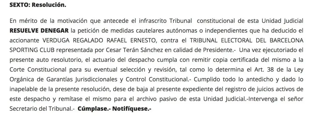 La medida cautelar de Rafael Verduga contra el Tribunal Electoral de BSC no fue admitida.