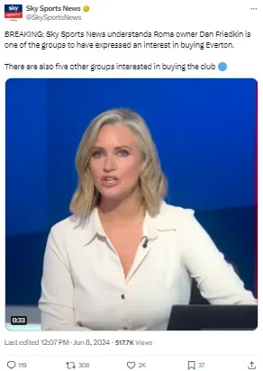 Sky Sports reporting on Dan Friedkin’s interest in buying Everton