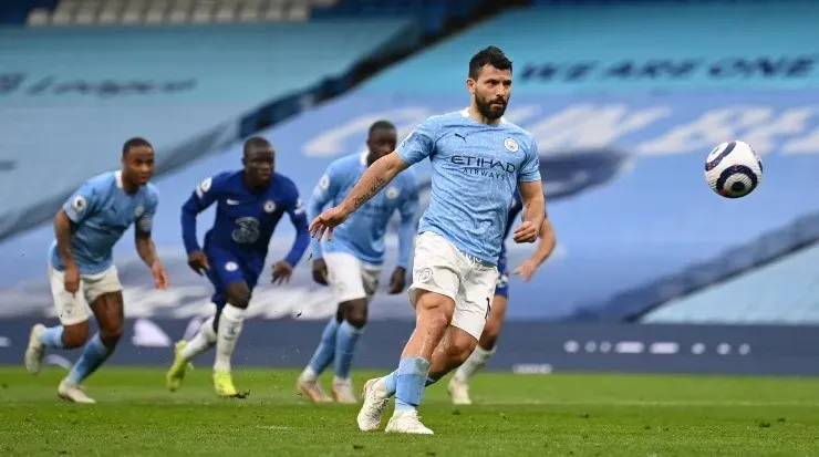 Kun Aguero trying a panenka penalty that went wrong (Getty).