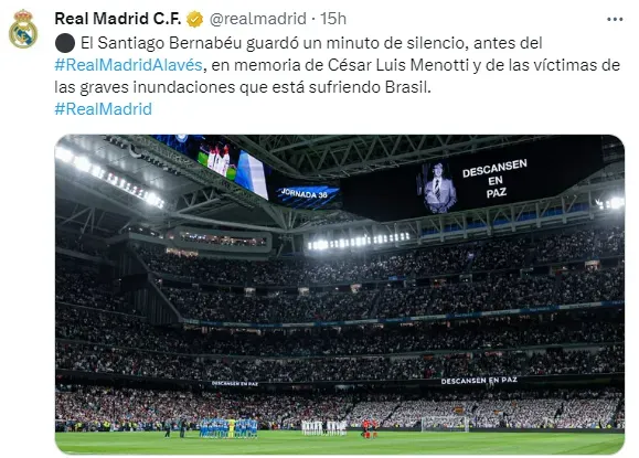 La publicación del Real Madrid sobre César Luis Menotti y las víctimas por las inundaciones en el sur de Brasil.