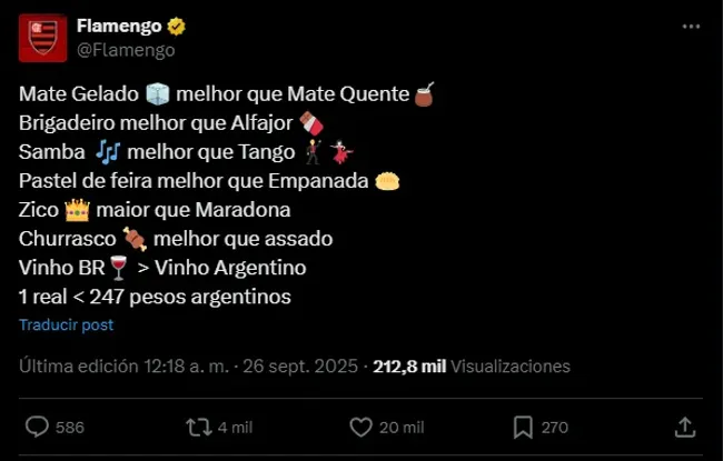 El polémico posteo del Mengao tras eliminar a Estudiantes. (X/Flamengo)