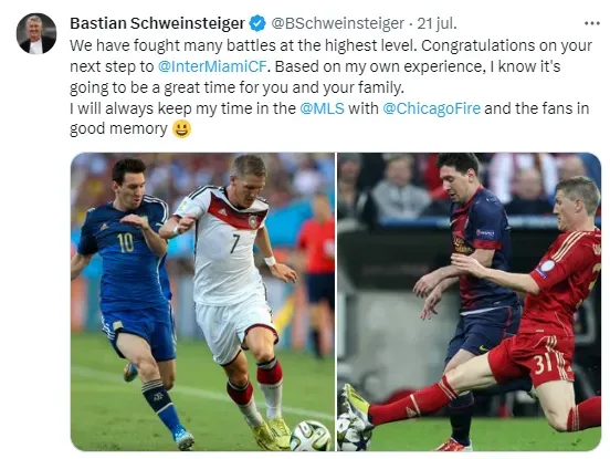 El tuit de Bastian Schweinsteiger sobre el debut de Lionel Messi en el Inter Miami.