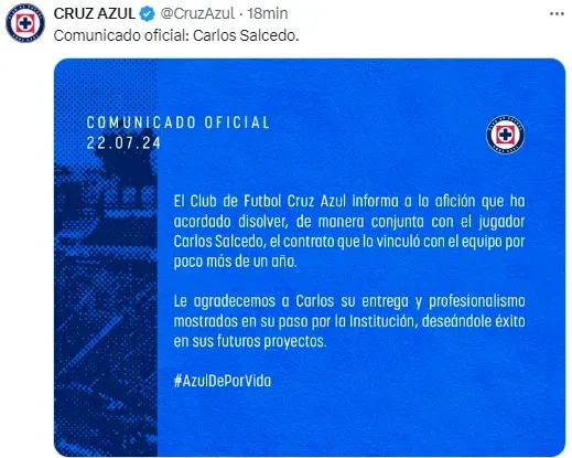 Comunicado por la salida de Salcedo. (X @CruzAzul)