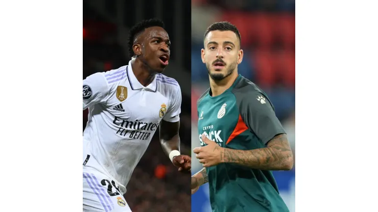 Michael Regan/ Juan Manuel Serrano Arce/ Getty Images- Vinícius Jr. (Real Madrid) e Joselu (Espanyol)
