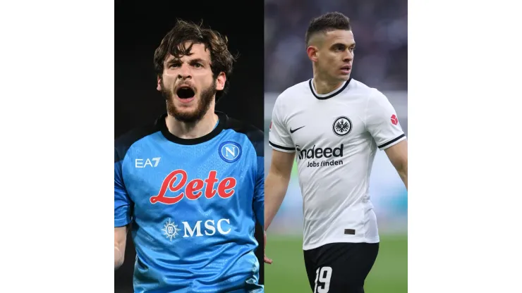 Francesco Pecoraro/Alex Grimm/Getty Images- Kvaratskhelia (Napoli) e Borré (Eintracht)
