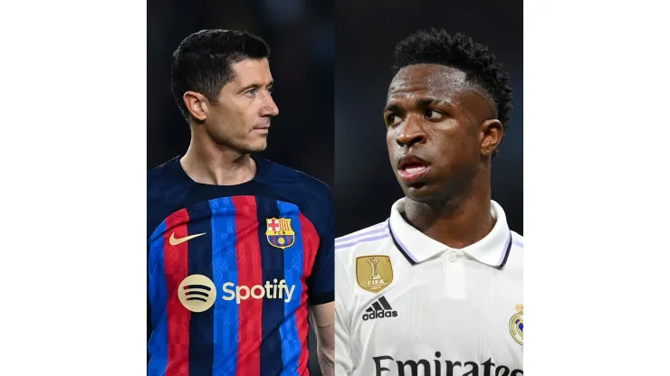 David Ramos/Denis Doyle/ Getty Images- Lewandowski (Barcelona) e Vinícius Jr. (Real Madrid)
