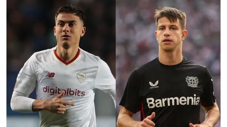 Emilio Andreoli/Maja Hitij/Getty Images- Dybala (Roma) e Adam Hlozek (Bayer Leverkusen).
