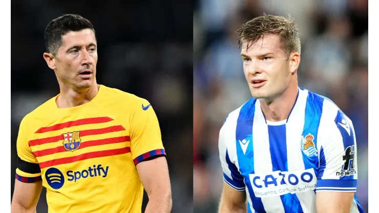 David Ramos/Juan Manuel Serrano Arce/ Getty Images- Lewandowski (Barcelona) e Sorloth (Real Sociedad).
