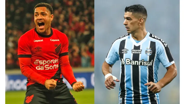 Gabriel Machado/Pedro H. Tesch/AGIF- Vitor Roque (Athletico) e Luis Suárez (Grêmio).
