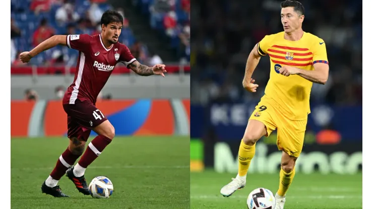 Kenta Harada/ David Ramos/ Getty Images- Matheus Thuler (Vissel Kobe) e Lewandowski (Barcelona).
